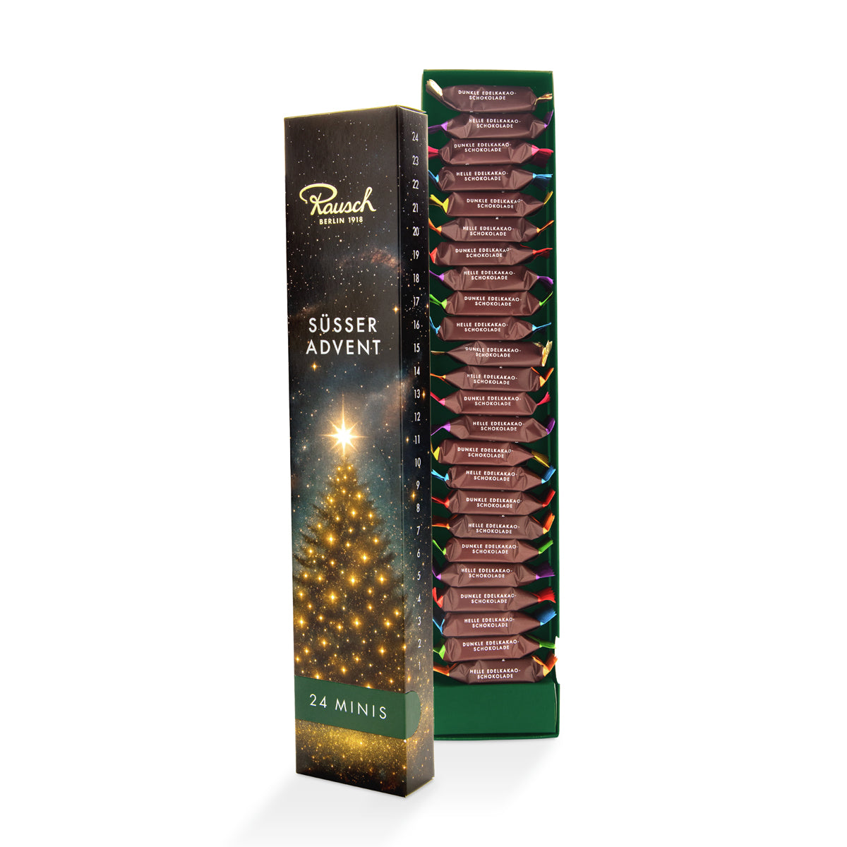 Schlanker Adventskalender mit 24 handwerklich gefertigten Schokoladenminiaturen, Weihnachtsbaum-Motiv. - Rausch
