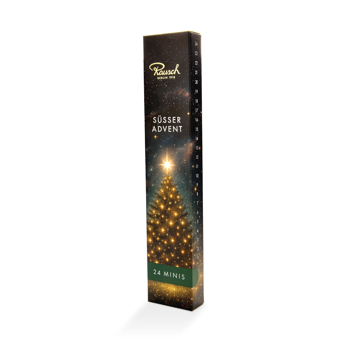 Schlanker Adventskalender mit golden leuchtendem Weihnachtsbaum, dunkelblaue Verpackung, handwerkliche Schokolade. - Rausch