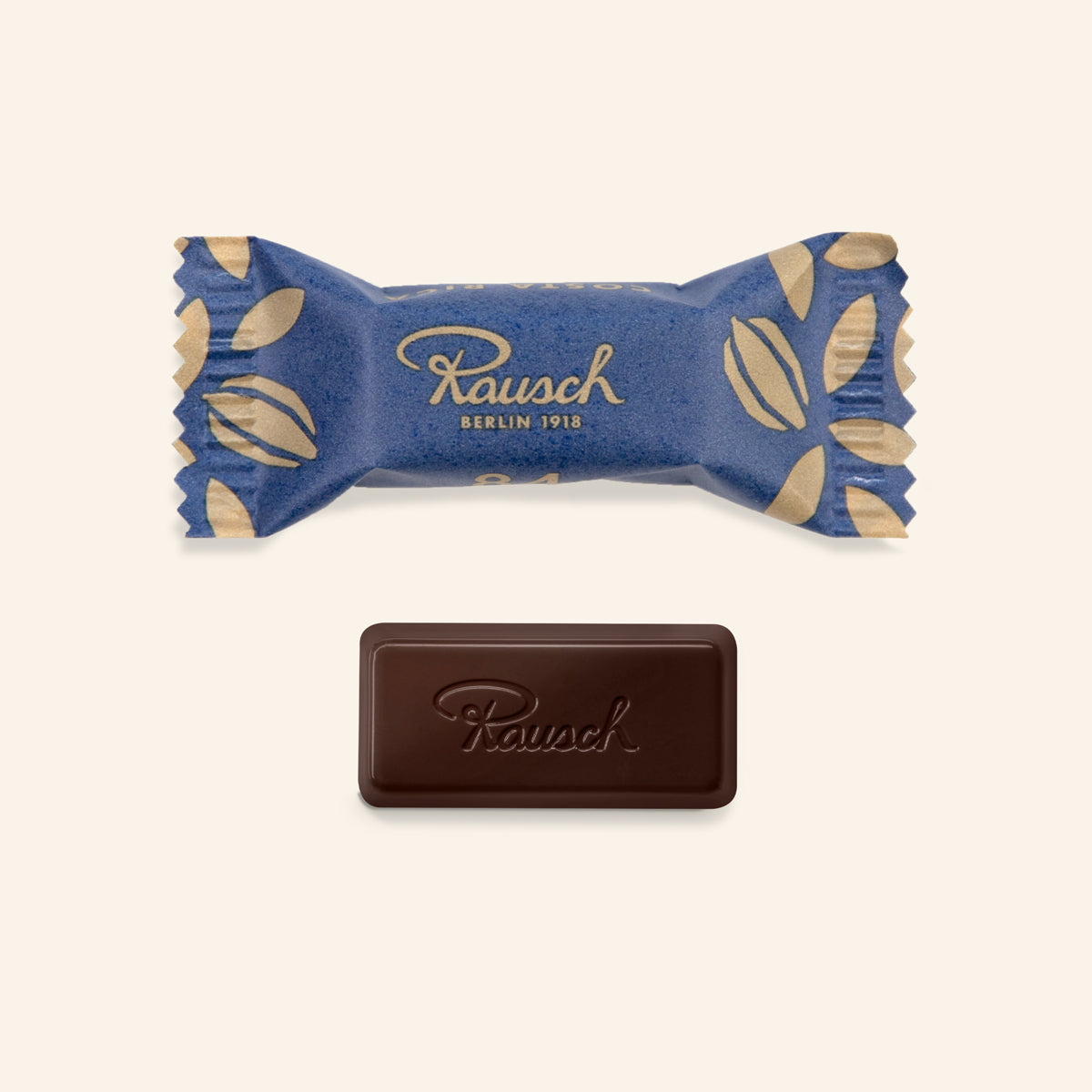 Dunkle handwerkliche Schokolade mit Prägung, blau-goldene Verpackung mit Kakaobohnendesign. - Rausch