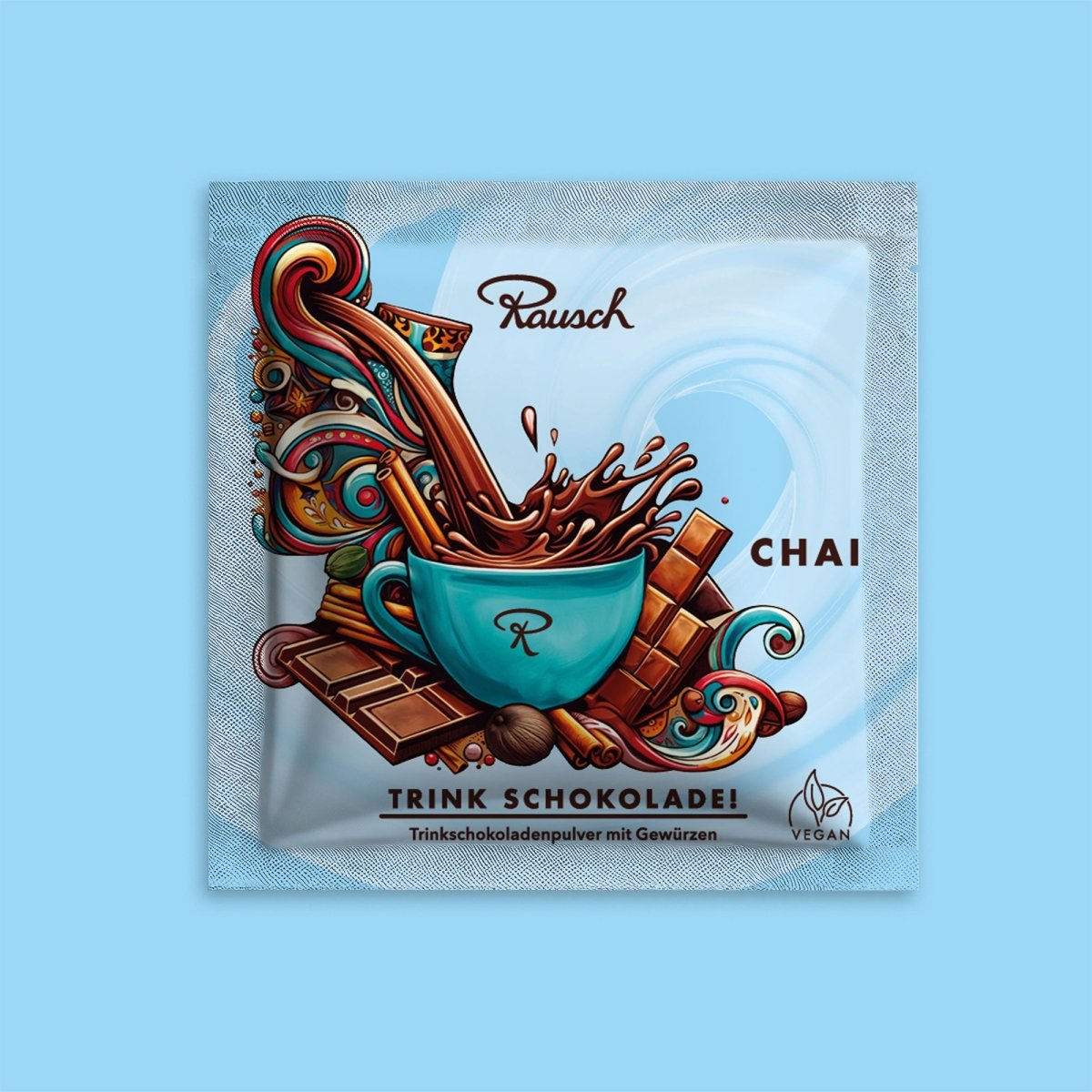 Trinkschokolade "Chai" in blauem Sachet auf farblich passendem Hintergrund.