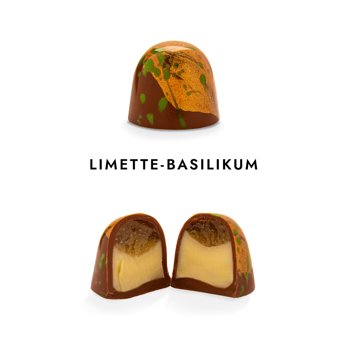 Handwerkliche Schokoladenpraline mit Limetten-Basilikum-Füllung, glänzend, braun mit grünen Sprenkeln. - Rausch