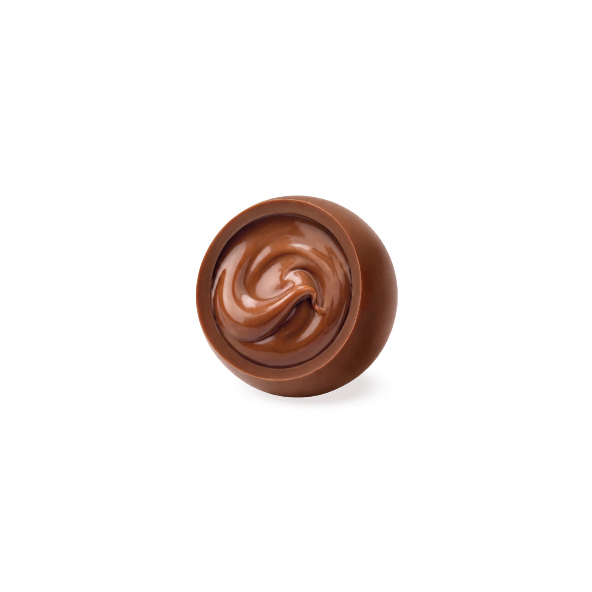Runde Nougatpraline mit glänzender, hellbrauner Schokoladenoberfläche und handwerklicher Swirl-Struktur. - Rausch
