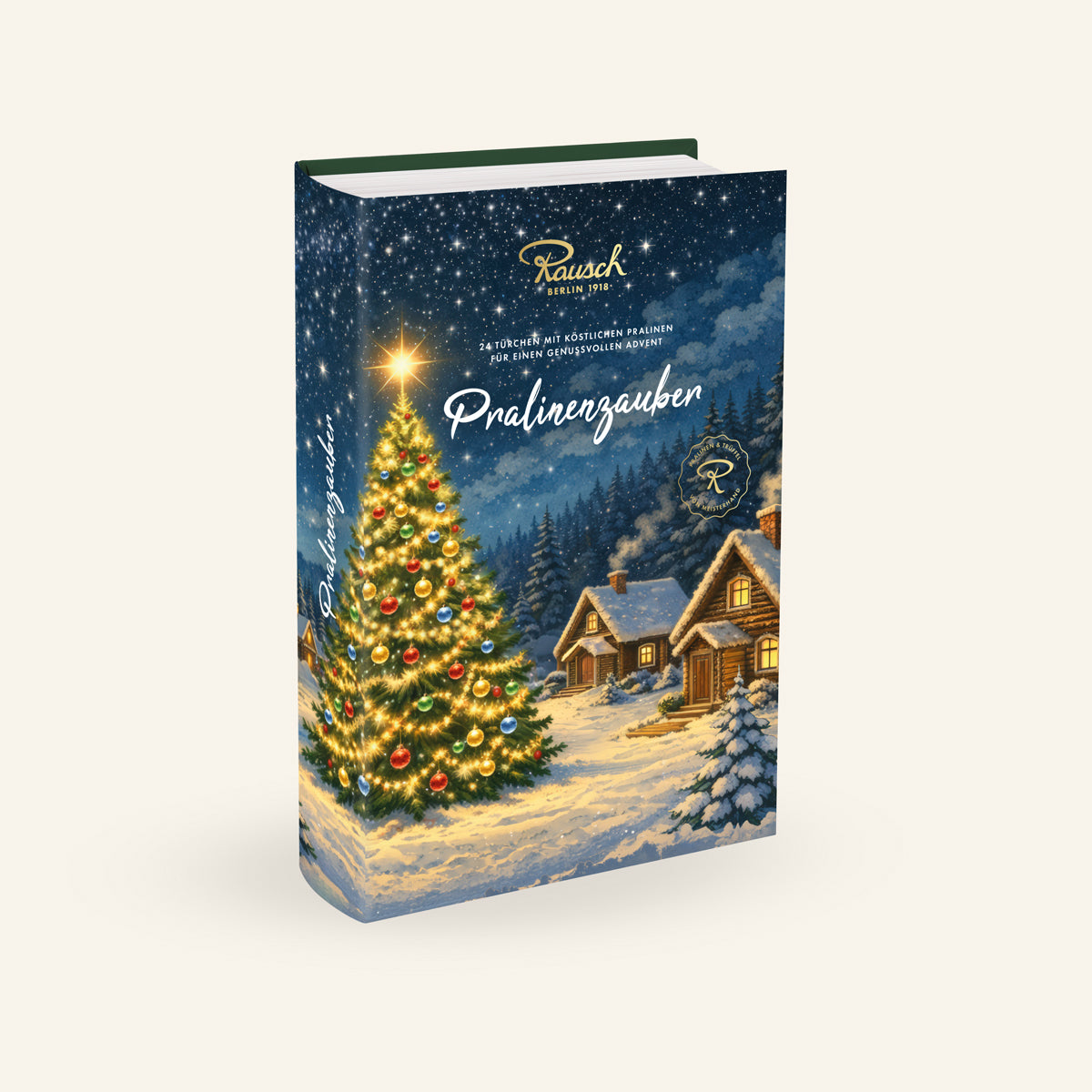 Adventskalender in Buchform mit handwerklich gestalteter Schokolade und weihnachtlichem Baumdesign. - Rausch