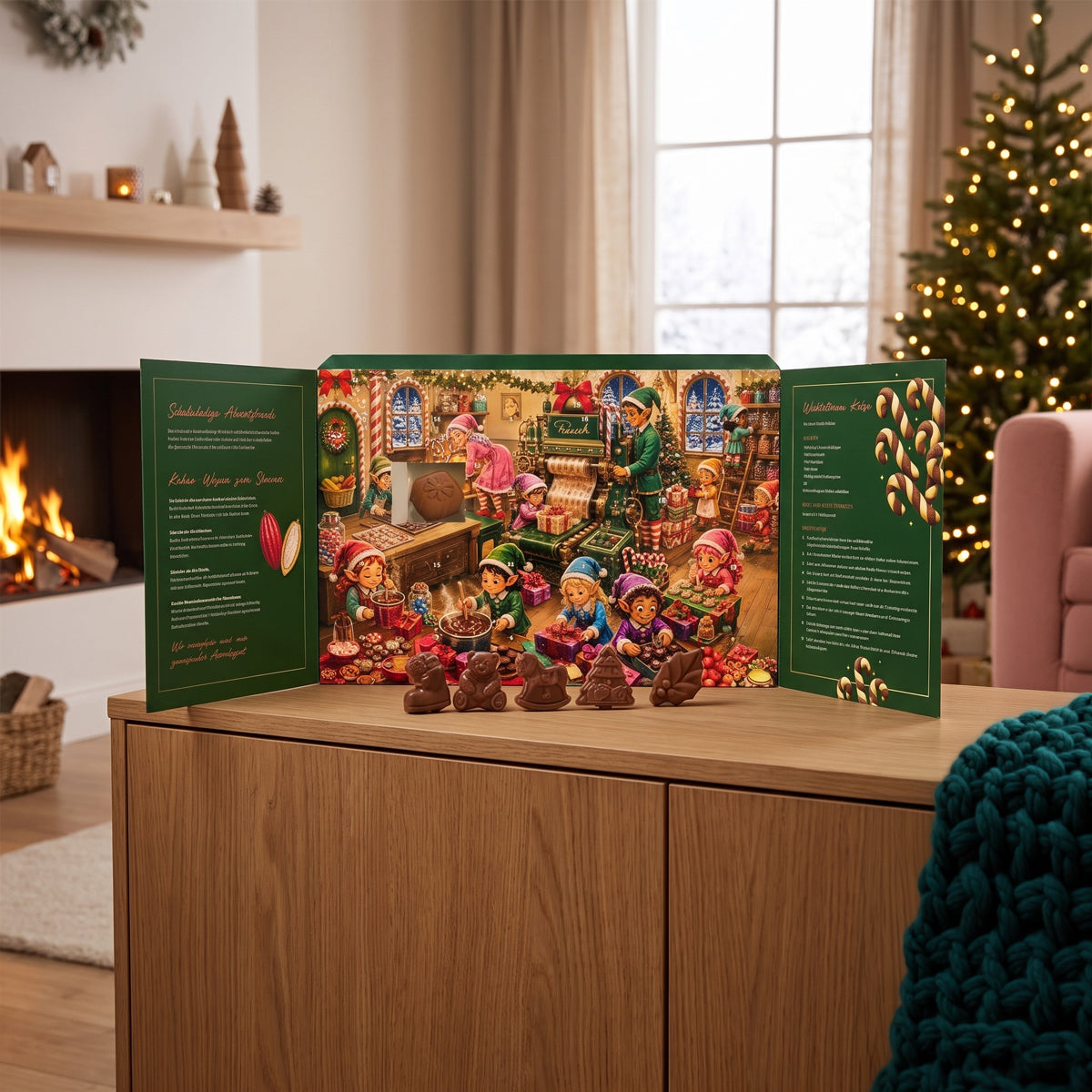 Bunter Adventskalender mit handwerklich hergestellter Schokolade, detailreiche Weihnachtsillustration. - Rausch