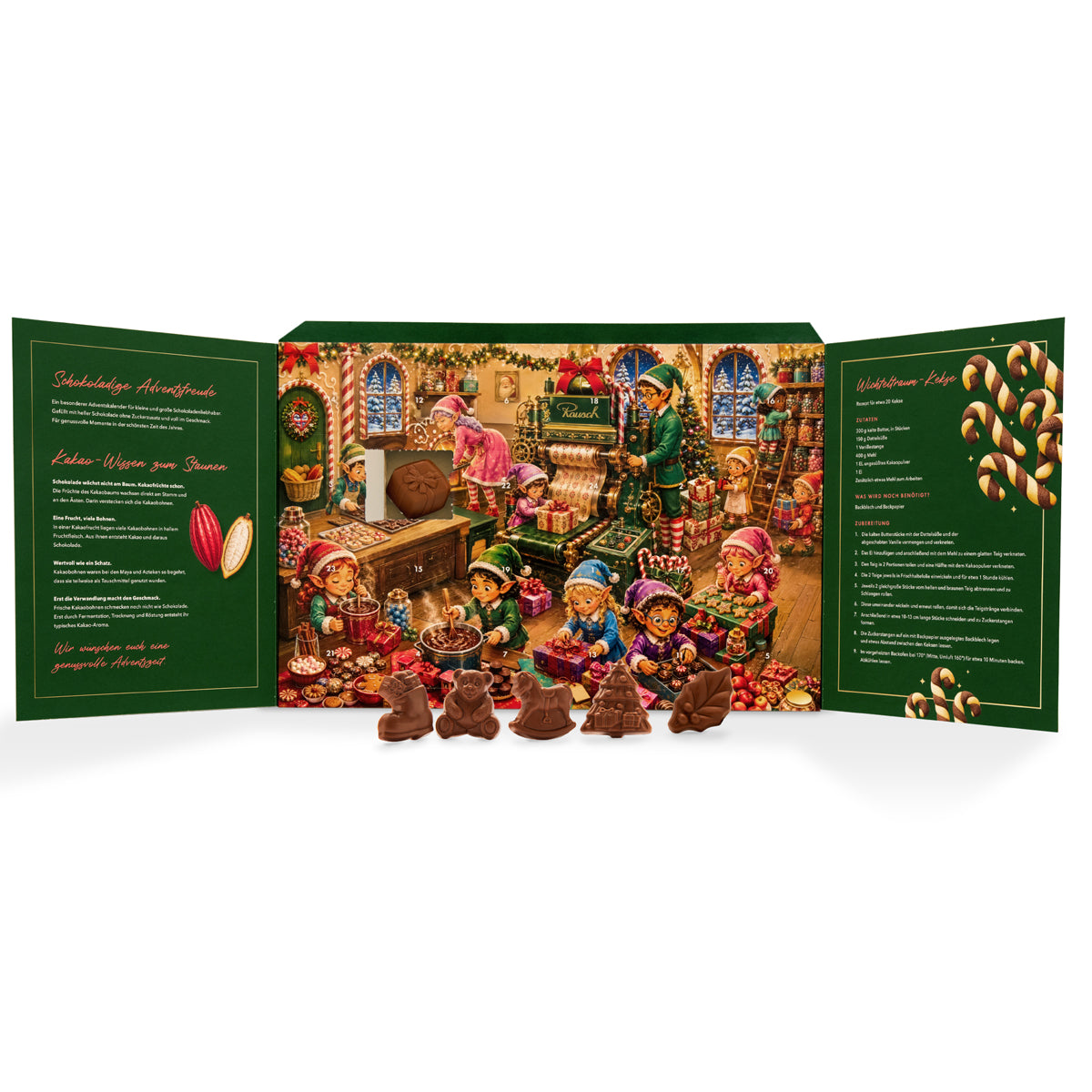 Aufgeklappter grüner Adventskalender mit handwerklichen Schokoladenfiguren und detailreicher Weihnachtsillustration. - Rausch