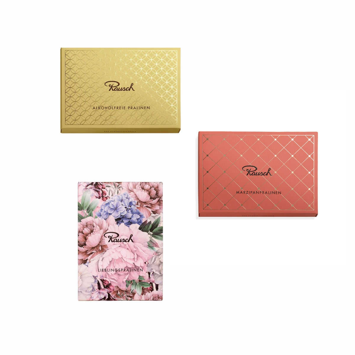 Drei handwerkliche Pralinenschachteln in Gold, Koralle und floralem Design, rechteckig. - Rausch