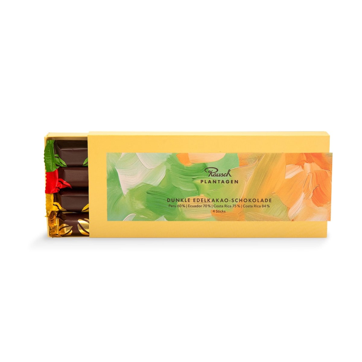 Gelbe Verpackung mit fröhlichen grün-orangen Pinselstrich-Mustern. Aus dem Inneren erscheinen Rausch Plantagen Sticks aus dunkler Edelkakao-Schokolade.