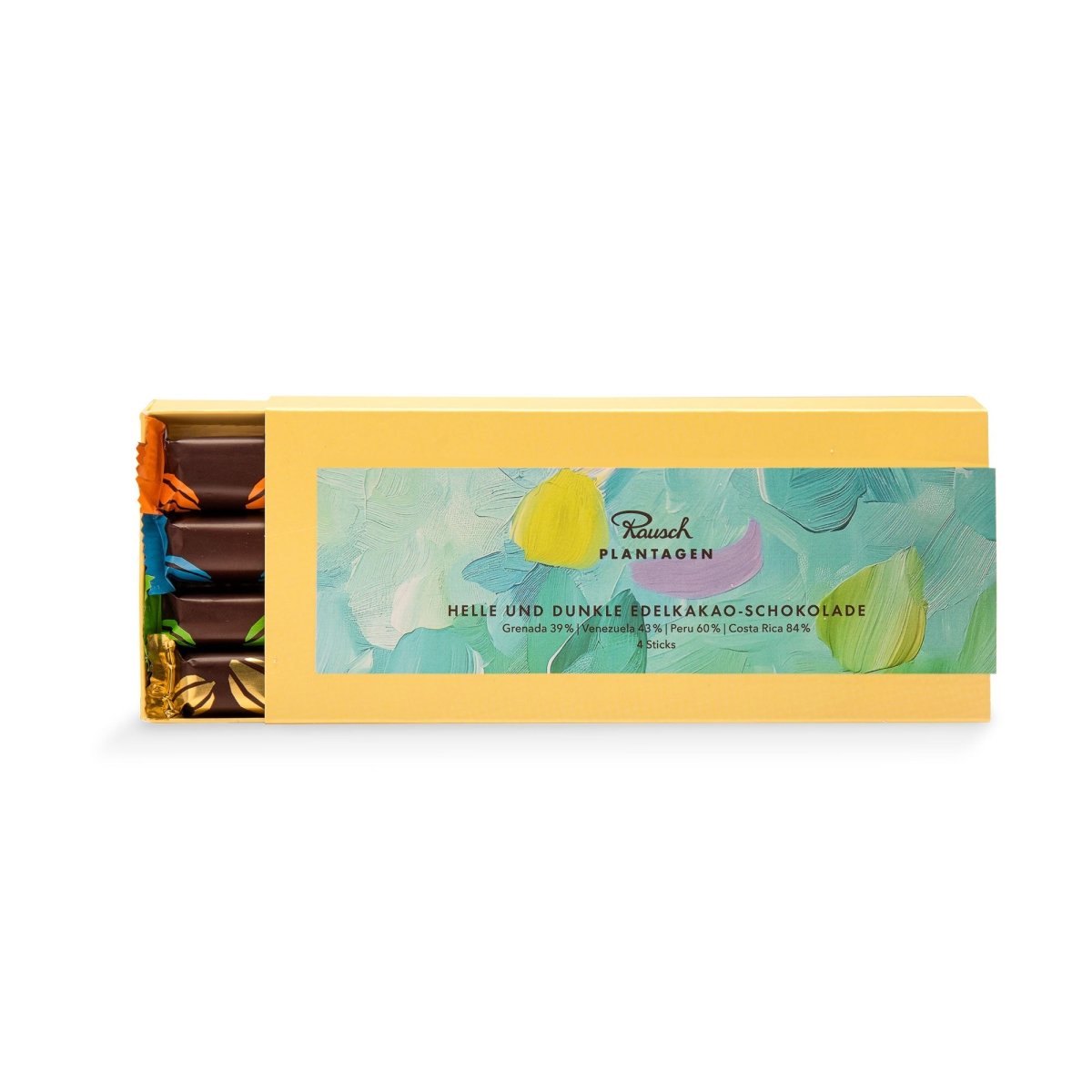 Gelbe Verpackung mit verschiedenfarbigen fröhlichen türkisen Pinselstrich-Mustern. Aus dem Inneren erscheinen Rausch Plantagen Sticks aus heller und dunkler Edelkakao-Schokolade.